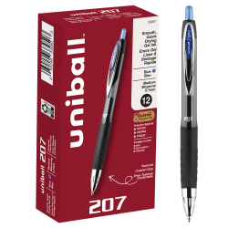 uni-ball® 207&trade; Retractable Fraud Prevention Gel Pens, Medium Point, 0.7 mm, Black Barrels, Blue Ink, Pack Of 12