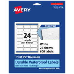 Avery® Waterproof Permanent Labels With Sure Feed®, 94221-WMF25, Rectangle, 1" x 2-1/2", White, Pack Of 600