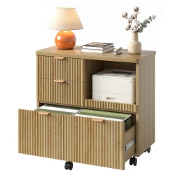 Bestier 32" 3-Drawers  Fluted Wood Mobile Lateral File Cabinet with Printer Tray, Natural Oak
