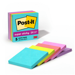 Post-it® Super Sticky Notes, 3 in x 3 in, 5 Pads, 90 Sheets/Pad, 2x the Sticking Power, Supernova Neons Collection