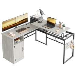 Bestier Bestier 60&quot; L Shaped Standing Desk with Storage Cabinet, Adjustable Height Corner Desk for Home Office, Dual Monitor Gaming Workstation, White Wash