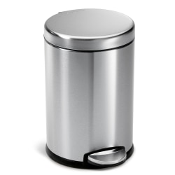 simplehuman Mini Round Step Trash Can, 1.2 Gallons, 12.1"H x 7.6"W x 10"D, Brushed Stainless Steel