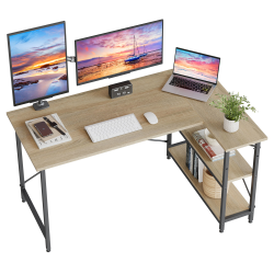 Bestier L-Shaped Corner Desk With Storage Shelf, 55&quot;W, Light Oak