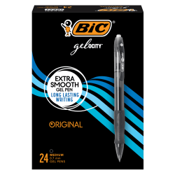 BIC Gelocity Retractable Gel Pens, Medium Point, 0.7 mm, Translucent Barrel, Black Ink, Pack Of 24