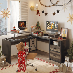 Bestier 56&quot;W L-Shaped Standing Computer Desk With Drawers &amp; Monitor Stand, Dark Retro Gray Oak