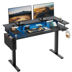 Bestier 58"W Electric Adjustable-Height Standing Desk With Monitor Riser, Cup Holder And Hooks, Black