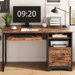 Bestier 48" Reversible Office Writing Computer Desk With File Drawer And Pull-Out Shelf, Rustic Brown