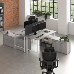 Bush Business Furniture Hustle 2 Person Computer Desk with Low Storage Cabinets, Power Grommets, and Privacy Screen, Platinum Gray,   - HUS015PG