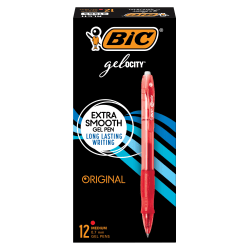BIC Gelocity Retractable Gel Ink Pens, Medium Point, 0.7 mm, Red Barrel, Red Ink, Pack Of 12