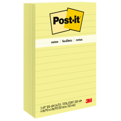 Post it Notes 4 x 6 Lined Canary Yellow Pack Of 5 Pads - Office Depot