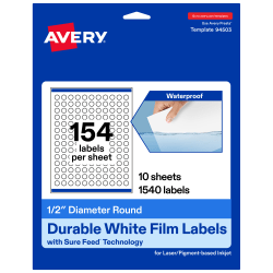 Avery® Waterproof Permanent Labels With Sure Feed®, 94503-WMF10, Round, 1/2" Diameter, White, Pack Of 1,540