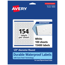 Avery® Waterproof Permanent Labels With Sure Feed®, 94503-WMF100, Round, 1/2" Diameter, White, Pack Of 15,400