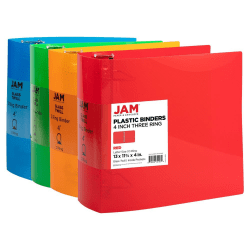 JAM PAPER 3 Ring Plastic Binder, 4 inch, Assorted, 4/Pack