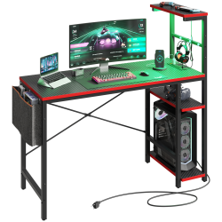 Bestier LED Gaming Computer Desk With Power Outlets, Shelves, Hook &amp; Side Bag, 45&quot;W, Carbon Fiber Black