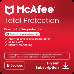McAfee Total Protection, 2024, For 5 Devices, 1-Year Subscription, Windows/IOS, Download