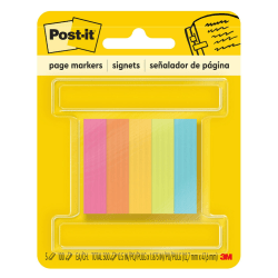 Post-it® Notes Page Markers, 1/2&quot; x 2&quot;, Electric Glow Colors, 100 Per Pad, Pack Of 5 Pads