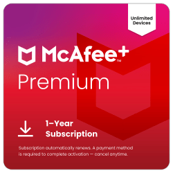McAfee+ Premium Individual Antivirus And Internet Security Software, For Unlimited Devices, 1-Year Subscription with Auto-Renewal, For Windows®/Mac/Android/iOS/ChromeOS, Digital Download