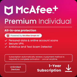 McAfee+ Premium Individual Antivirus &amp; Internet Security Software, For Unlimited Devices, 1-Year Subscription Auto-Renewal, Product Key