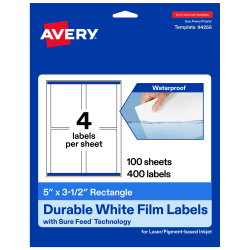 Avery® Waterproof Permanent Labels With Sure Feed®, 94256-WMF100, Rectangle, 5" x 3-1/2", White, Pack Of 400