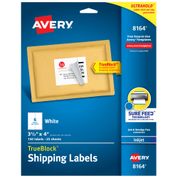 Avery® TrueBlock® Permanent Inkjet Shipping Labels, 8164, 3 1/3&quot; x 4&quot;, White, Pack Of 150