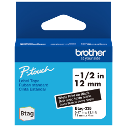 Brother P-touch Btag White on Black Label Tape (BTAG335), ~1/2 in x 13.1 ft (12 mm x 4 m)