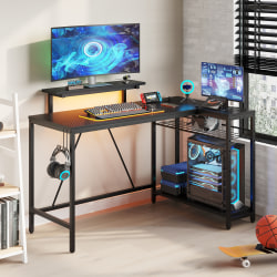 Bestier L-Shaped Gaming Computer Desk With Power Outlet, LED Lights &amp; Headset Hooks, 53"W, Carbon Fiber Black