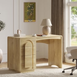 Bestier 47" Modern Arched Wood Home Office Executive Desk with 3 Drawers for Storage, Natural Oak