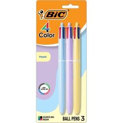 BIC 4-Color Retractable Ball Point Pen, Medium 1.0MM Point, Assorted Pastel Barrels, Assorted Ink Pack Of 3