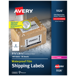 Avery? Waterproof Shipping Labels With Ultrahold?, 5526, Rectangle, 5-1/2&quot; x 8-1/2&quot;, White, 100 Labels For Laser Printers