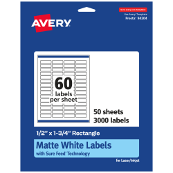 Avery® Permanent Labels With Sure Feed®, 94204-WMP50, Rectangle, 1/2&quot; x 1-3/4&quot;, White, Pack Of 3,000