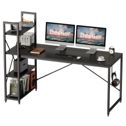 Bestier Modern Office Desk With Storage Shelf &amp; Headset Hook, 63&quot;W, Black Grained