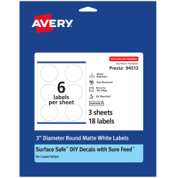Avery® Durable Removable Labels With Sure Feed®, 94513-DRF3, Round, 3" Diameter, White, Pack Of 18