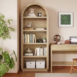 Bestier 75" Wood Arched 5-Shelf Bookcase with Adjustable Shelves, Vertical Storage Display Rack, Natural Oak