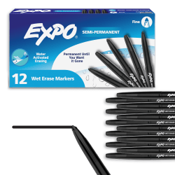 EXPO Wet Erase Markers, Semi-Permanent Markers, Black, Fine Tip, Dozen Box