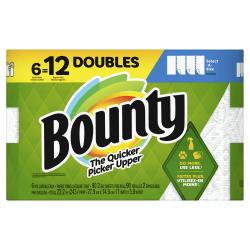 Bounty Select-A-Size 2-Ply Paper Towels, Double Rolls, 6&quot; x 11&quot;, White, 90 Sheets Per Roll, Pack Of 6 Rolls