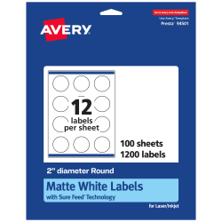 Avery® Permanent Labels With Sure Feed®, 94501-WMP100, Round, 2&quot; Diameter, White, Pack Of 1,200