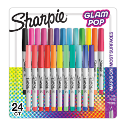Sharpie® Glam Pop Permanent Markers, Ultra-Fine Point, Assorted Colors, Pack Of 24 Markers
