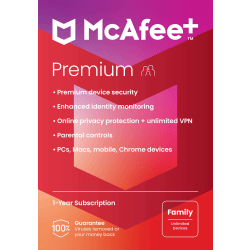 McAfee®+ Premium Antivirus &amp; Internet Security Software, Family, For Unlimited Devices, 1-Year Subscription, Windows®/Mac®/Android/iOS/ChromeOS, Product Key