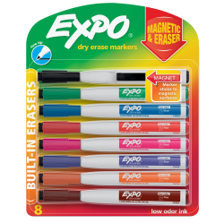 EXPO® Magnetic Dry Erase Markers With Eraser, Fine Tip, Assorted Ink Colors, Pack Of 8
