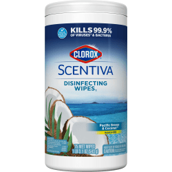 Clorox Scentiva Bleach-Free Cleaning Wipes, Pacific Breeze &amp; Coconut Scent, 7" x 7-1/4", Canister Of 75 Wipes