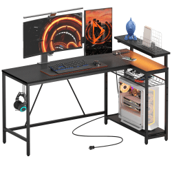 Bestier L-Shaped Gaming Computer Desk With Power Outlet, LED Lights &amp; Headset Hooks, 59"W, Carbon Fiber Black