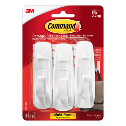 Command Large Utility Hooks, 3 Hooks, 6 White Adhesive Strips, Damage Free Hanging Picture Hangers, No Tools Wall Hanging Strips For Living Spaces