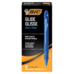 BIC® Glide Bold Ballpoint Pens, Bold Point, 1.6 mm, Translucent Barrel, Blue Ink, Pack Of 12 Pens