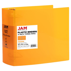 JAM PAPER 3 Ring Plastic Binder, 4 inch, Orange, Sold Individually