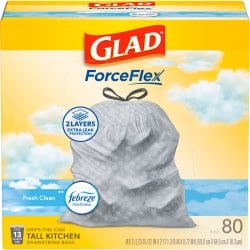 Glad ForceFlex Tall Kitchen Drawstring Trash Bags, 13 Gallon, Fresh Clean, 80 Count (78534)