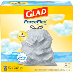 Glad® Tall Kitchen 5-Day OdorShield Trash Bags With Febreze® Freshness, 13 Gallons, Fresh Clean Scent, White, Pack Of 80 Trash Bags