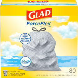 Glad® Tall Kitchen 5-Day OdorShield Trash Bags With Febreze® Freshness, 13 Gallons, Fresh Clean Scent, White, Pack Of 80 Trash Bags