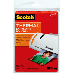 Scotch® Front &amp; Back Thermal Laminating Pouches TP5903-20, Glossy, 5.20&quot; x 7.20&quot;, 5 mil Thick, Clear, Box Of 20 Laminating Sheets