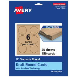 Avery® Printable Note Cards With Sure Feed® Technology, 3" Round, Kraft Brown, Pack Of 150