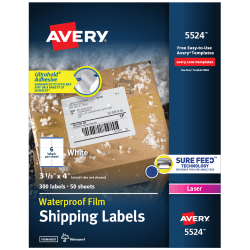 Avery? Waterproof Labels With Ultrahold?, 05524, Rectanlge, 3-1/3&quot; x 4&quot;, White, 300 Labels For Laser Printers